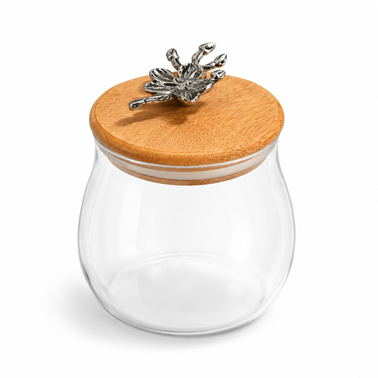 Decorative Glass Jar with Wooden Lid | Clear Storage Jar with Floral Knob