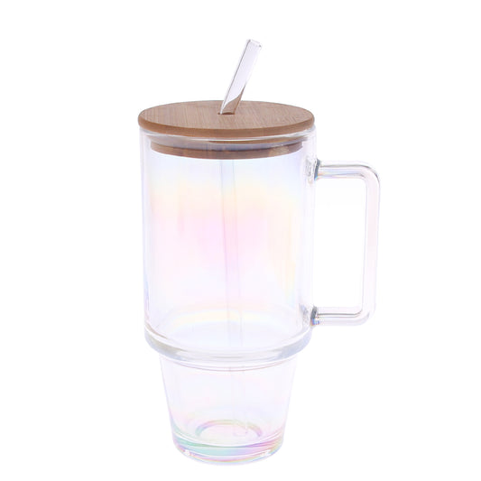 Glass Coffee Mug with Bamboo Lid & Straw – Iridescent Design (2-4/2-5/2-6)