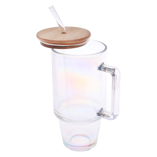 Glass Coffee Mug with Bamboo Lid & Straw – Iridescent Design (2-4/2-5/2-6)