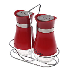 Salt & Pepper Set 6-5 – Red Glass Shakers with Stand