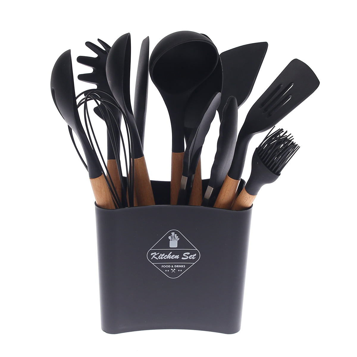 WT012 Black Kitchen Spoon Set – 11-Piece Silicone & Wooden Utensils with Holder