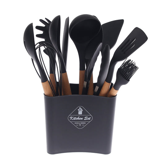 WT012 Black Kitchen Spoon Set – 11-Piece Silicone & Wooden Utensils with Holder