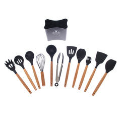 WT012 Black Kitchen Spoon Set – 11-Piece Silicone & Wooden Utensils with Holder