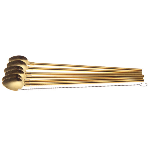Premium Gold 2-in-1 Straw & Spoon Set — Reusable Stainless Steel Cocktail & Smoothie Utensils with Cleaning Brush
