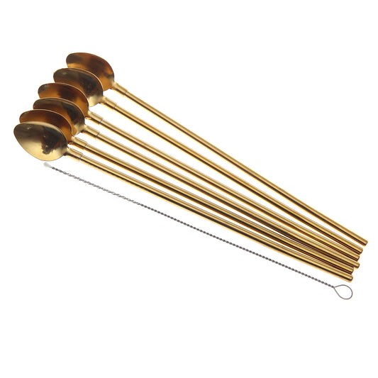 Premium Gold 2-in-1 Straw & Spoon Set — Reusable Stainless Steel Cocktail & Smoothie Utensils with Cleaning Brush