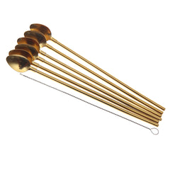 Premium Gold 2-in-1 Straw & Spoon Set — Reusable Stainless Steel Cocktail & Smoothie Utensils with Cleaning Brush