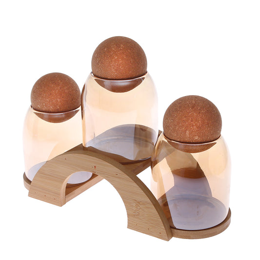3-Piece Glass Storage Jar Set with Cork Ball Lids & Wooden Stand