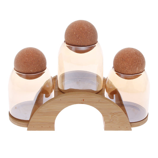 3-Piece Glass Storage Jar Set with Cork Ball Lids & Wooden Stand