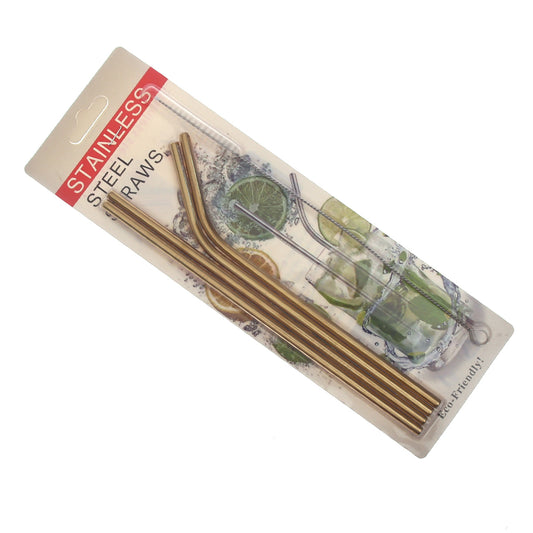 Gold Stainless Steel Reusable Straws Set (4 Pcs) – Eco-Friendly Drinking Straws with Cleaning Brush