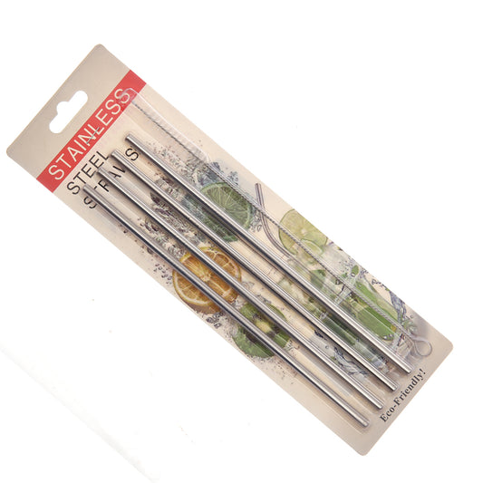 Stainless Steel Reusable Straws Set (4 Pcs) with Cleaning Brush – Eco-Friendly