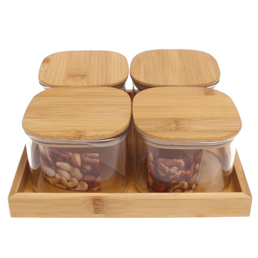 5-Piece Glass Jar Set with Bamboo Lids &amp; Tray – GPG16-500/L5