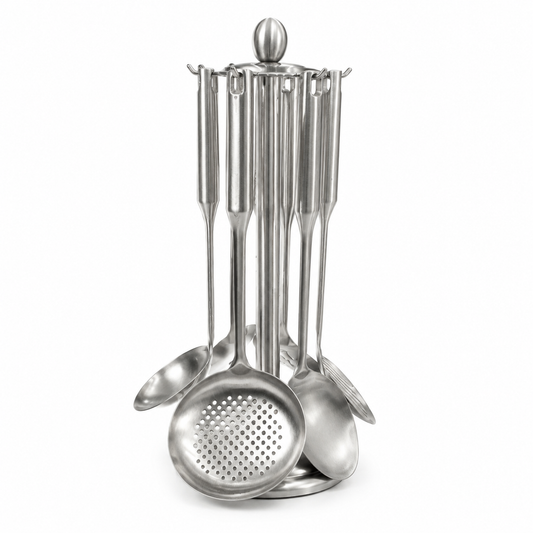 7-Piece Heavy Steel Kitchen Tool Set with Wooden Detail – Silver