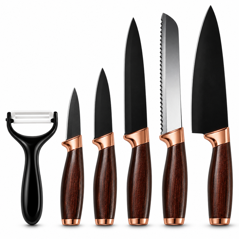 Premium 6-Piece Kitchen Knife Set with Peeler – Black & Rose Gold | Gift Box