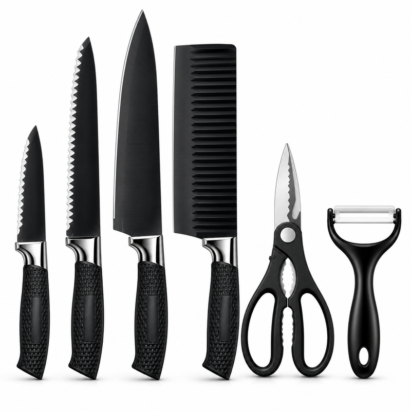 Premium 6-Piece Kitchen Knife Set with Scissors & Peeler – Black