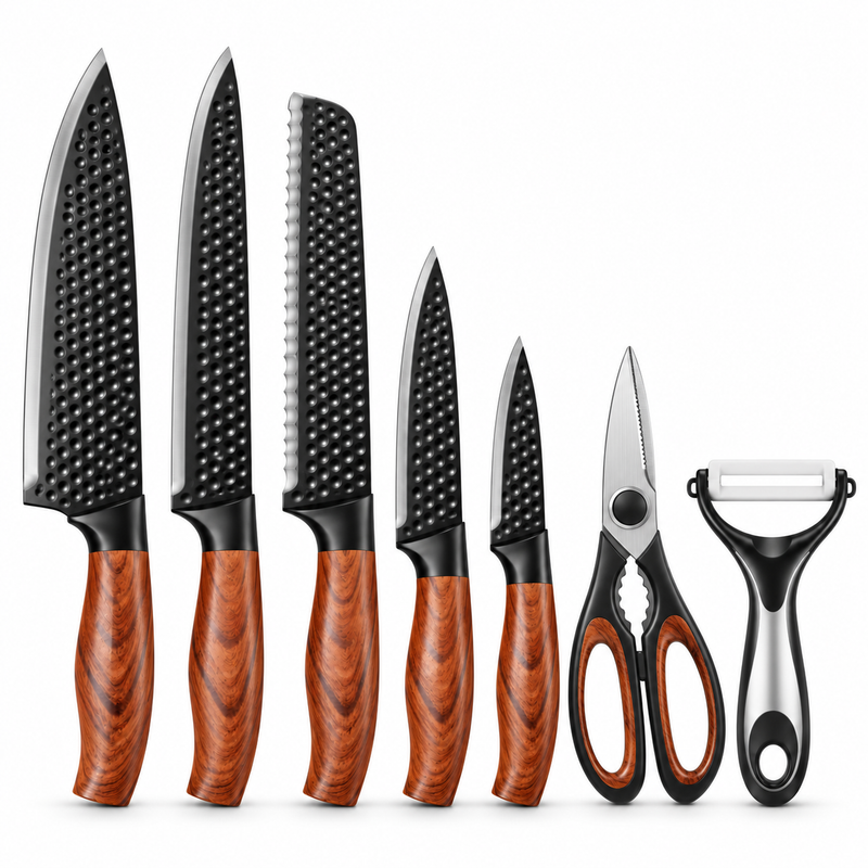 Premium 7-Piece Kitchen Knife Set with Scissors & Peeler – Wood-Look Handles | Gift Box