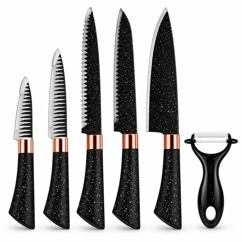 Premium 6-Piece Kitchen Knife Set with Peeler – Black & Rose Gold | Gift Box