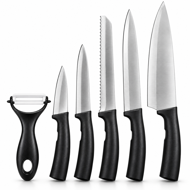 Premium 6-Piece Kitchen Knife Set with Peeler – Stainless Steel & Black | Gift Box