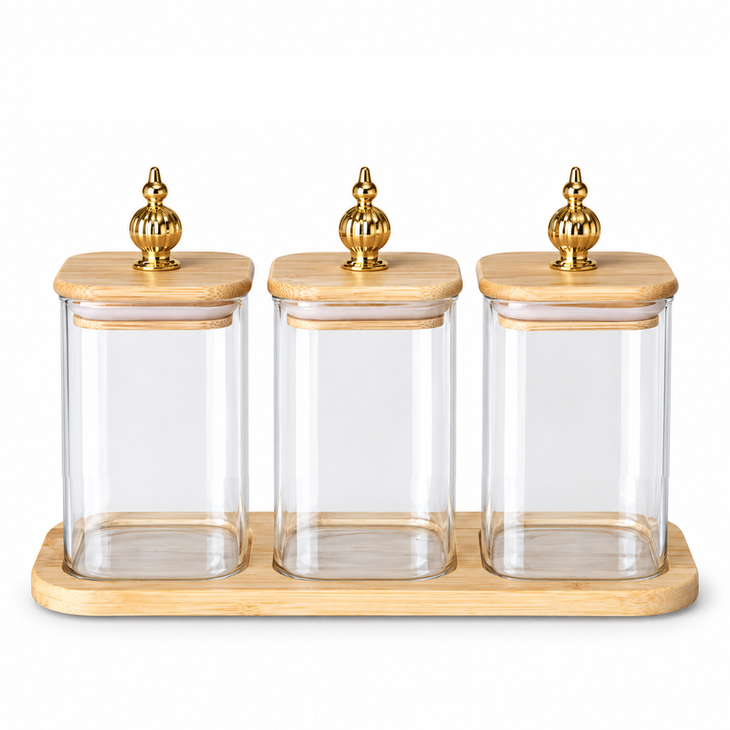 3-Piece Glass Jar Set with Wooden Stand