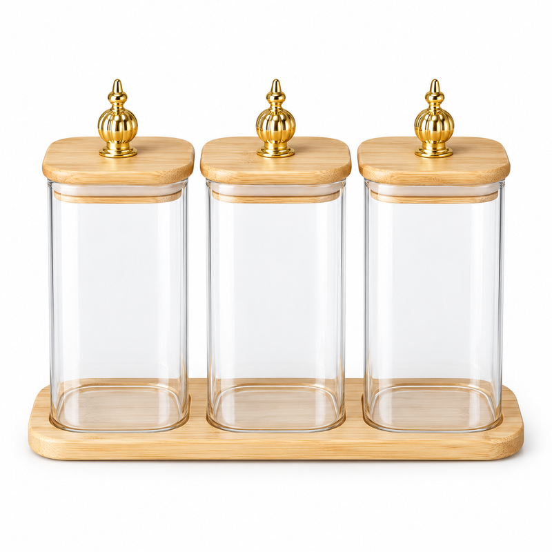 3-Piece Glass Jar Set with Wooden Stand