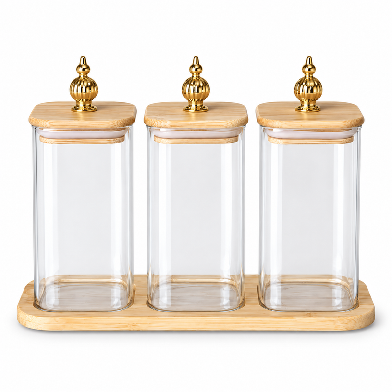 3-Piece Glass Jar Set with Wooden Stand
