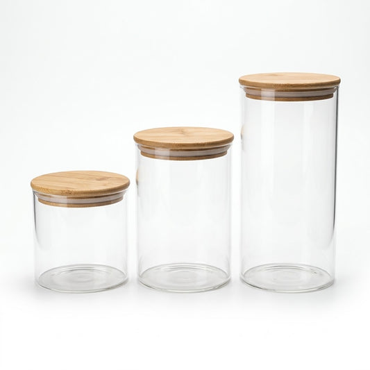 3 Piece Glass Jar Set with Wooden Lid & Tray | Stylish Kitchen Storage Containers