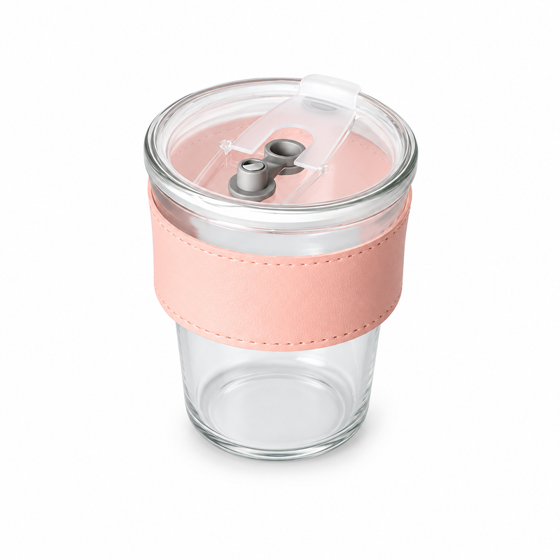 Gorgeous Amber Glass Mug with Pink Sleeve – Transparent