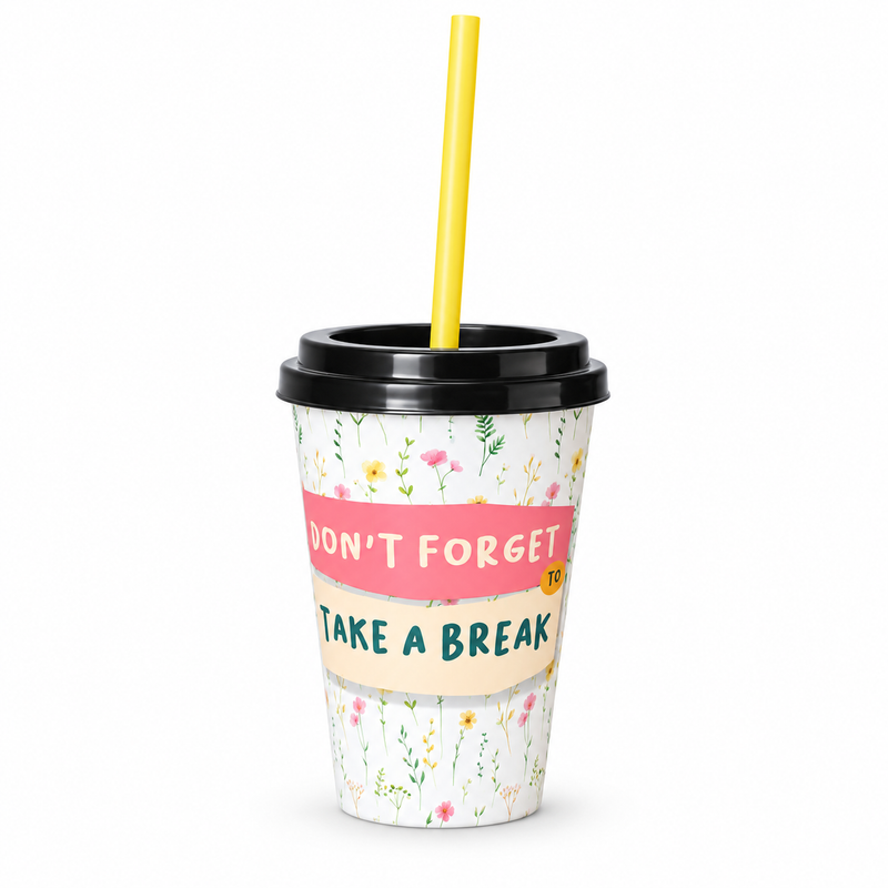 Assorted Printed Plastic Glass with Lid & Straw – Car Design / Take a Break
