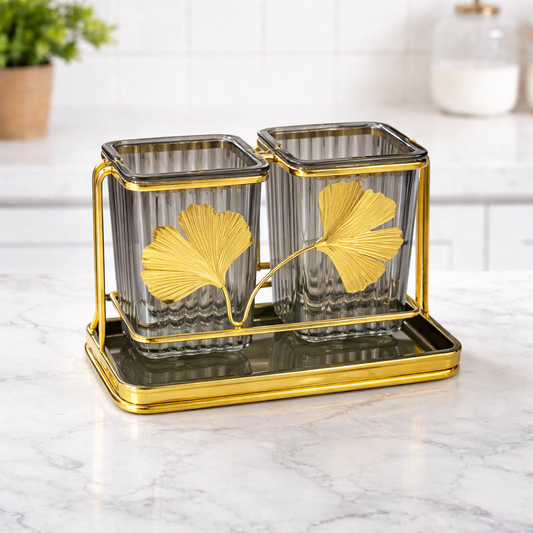 Spoon Stand – Dual Glass Cutlery Holder with Gold Frame & Decorative Leaf Design - Habitt