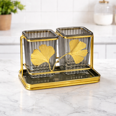 Spoon Stand – Dual Glass Cutlery Holder with Gold Frame & Decorative Leaf Design - Habitt