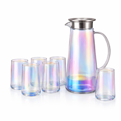 7-Piece Iridescent Glass Water Set with Jug, Lid & glasses – Modern Tableware Collection