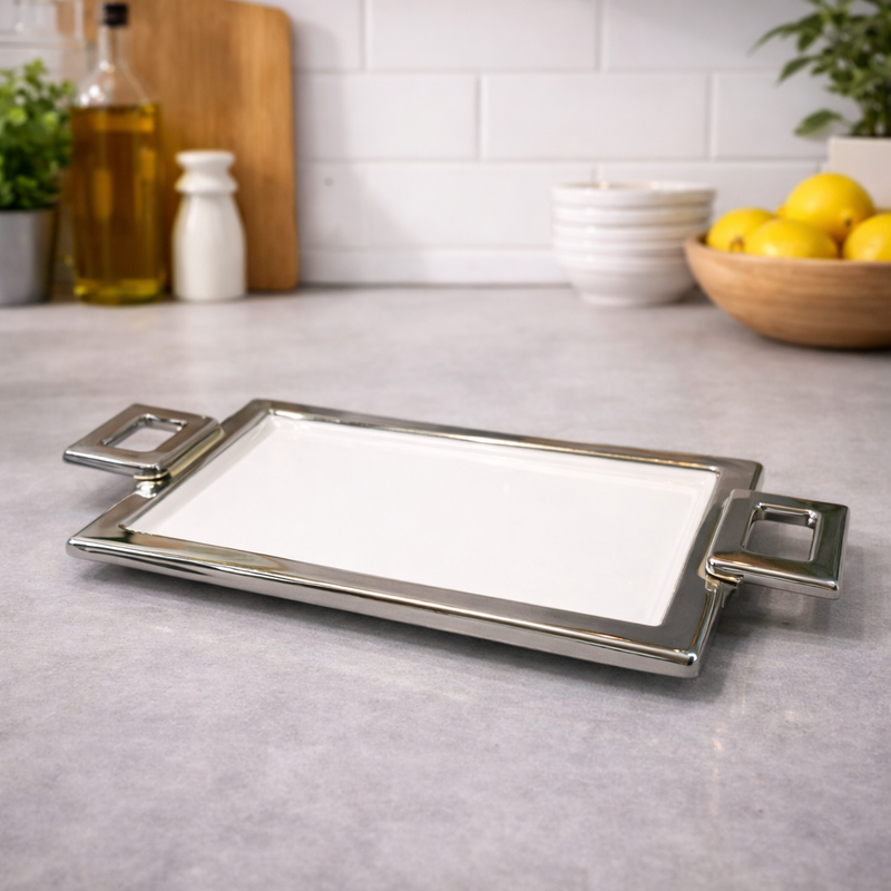 Handle Strip Plate – Silver Rectangular Serving Tray - Habitt