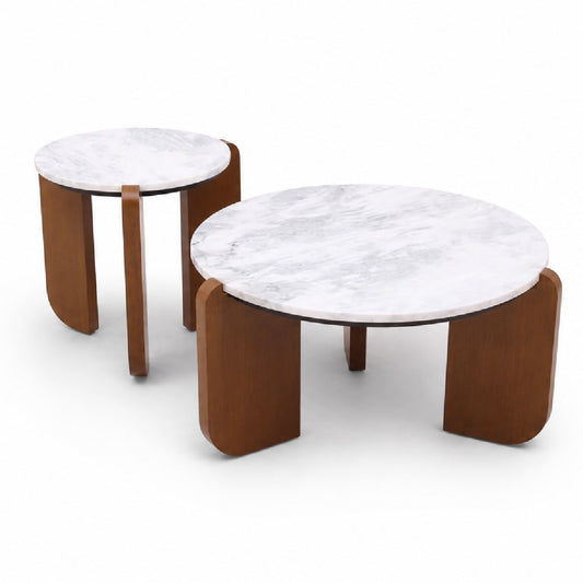 Clara Marble Top Coffee Table Set | Modern Nested Center Tables with Wooden Base - Habitt