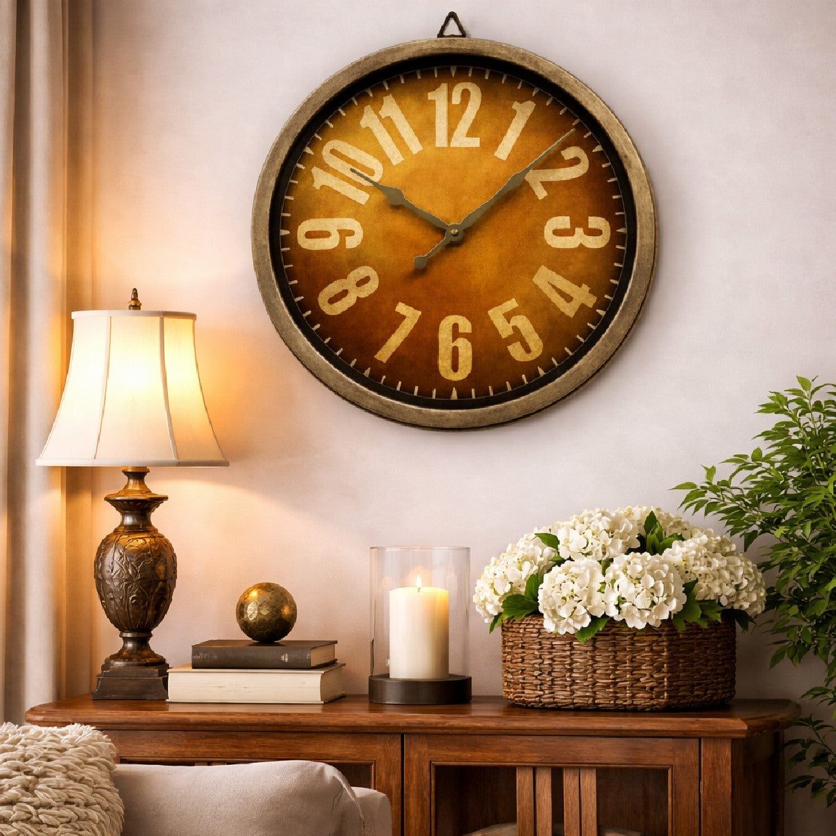 Heritage Oxford 14-Inch Retro Wall Clock – Rustic Amber Dial with Bold Vintage Numerals