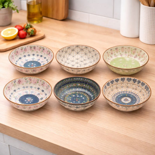 6-Piece Ceramic Bowl Set – Floral & Geometric Handcrafted Design