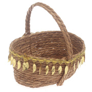 Large Brown Handwoven Storage Basket with Handle & Gold Leaf Detailing - Habitt