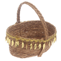 Large Brown Handwoven Storage Basket with Handle & Gold Leaf Detailing