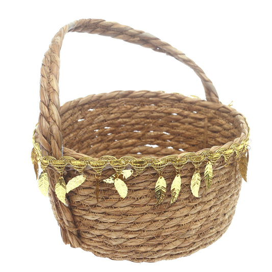 Large Brown Handwoven Storage Basket with Handle & Gold Leaf Accents