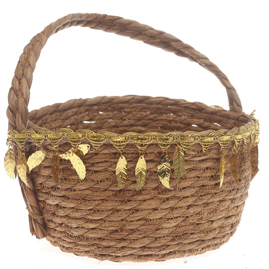 Large Brown Handwoven Storage Basket with Handle & Gold Leaf Accents
