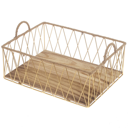 Large Gold Storage Basket with Wooden Base – Modern Metal Organizer