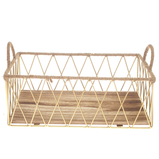 Storage Basket – Medium Gold Metal Wire Basket with Wooden Base & Handles (10 x 14 Inch)