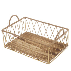 Storage Basket – Medium Gold Metal Wire Basket with Wooden Base & Handles (10 x 14 Inch)