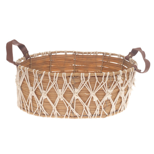 Storage Basket – Medium Natural Handwoven Basket with Macramé Detailing & Handles (10 x 14 x 5.5 Inch)
