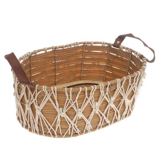 Storage Basket – Medium Natural Handwoven Basket with Macramé Detailing & Handles (10 x 14 x 5.5 Inch)