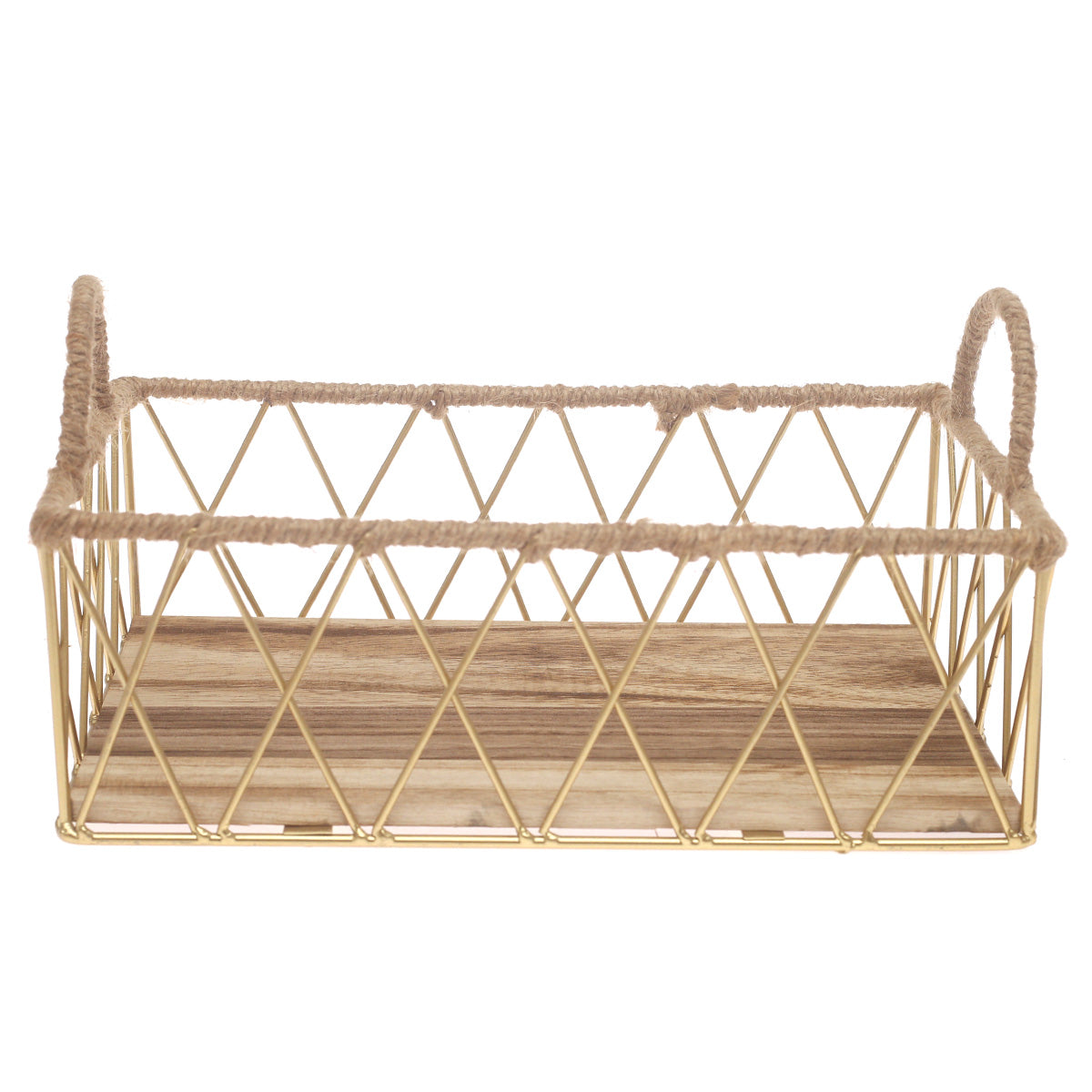 Storage Basket – Small Gold Metal Wire Basket with Wooden Base & Handles (8 x 12 Inch)