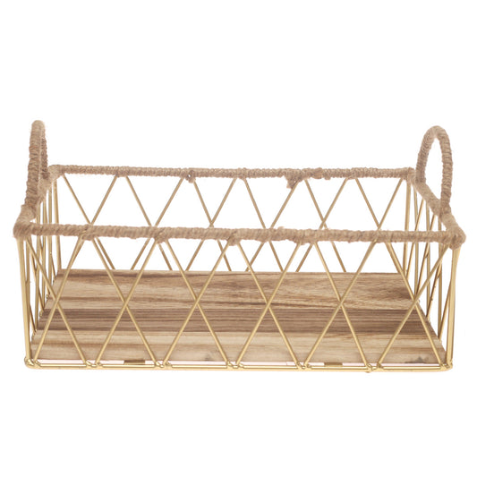 Storage Basket – Small Gold Metal Wire Basket with Wooden Base & Handles (8 x 12 Inch)