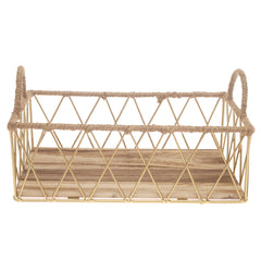 Storage Basket – Small Gold Metal Wire Basket with Wooden Base & Handles (8 x 12 Inch)
