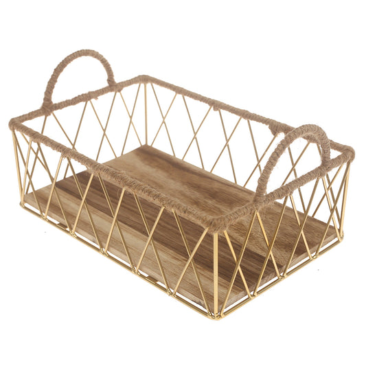 Storage Basket – Small Gold Metal Wire Basket with Wooden Base & Handles (8 x 12 Inch)