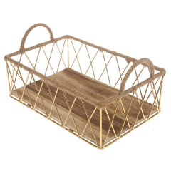 Storage Basket – Small Gold Metal Wire Basket with Wooden Base & Handles (8 x 12 Inch)