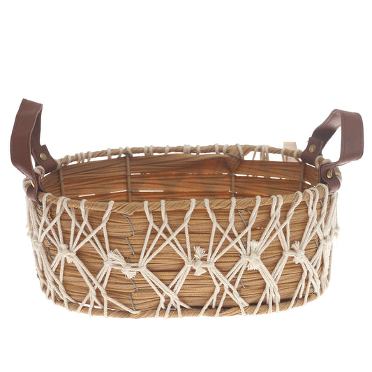 Storage Basket – Small Natural Handwoven Basket with Macramé Detailing & Handles (8 x 12 x 5 Inch)