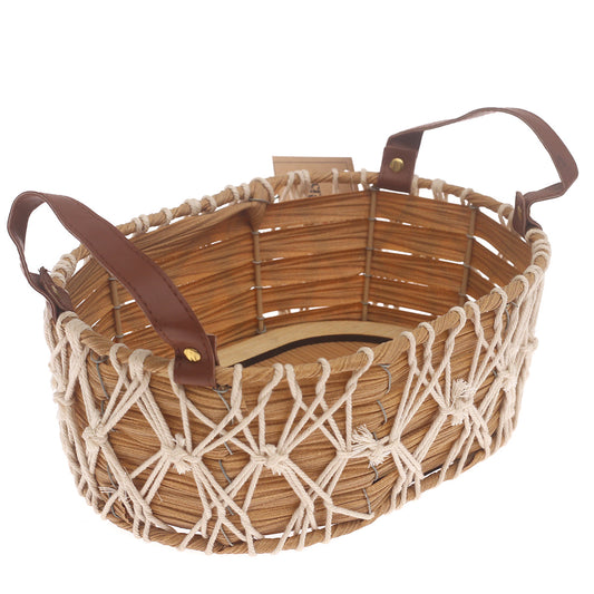 Storage Basket – Small Natural Handwoven Basket with Macramé Detailing & Handles (8 x 12 x 5 Inch)